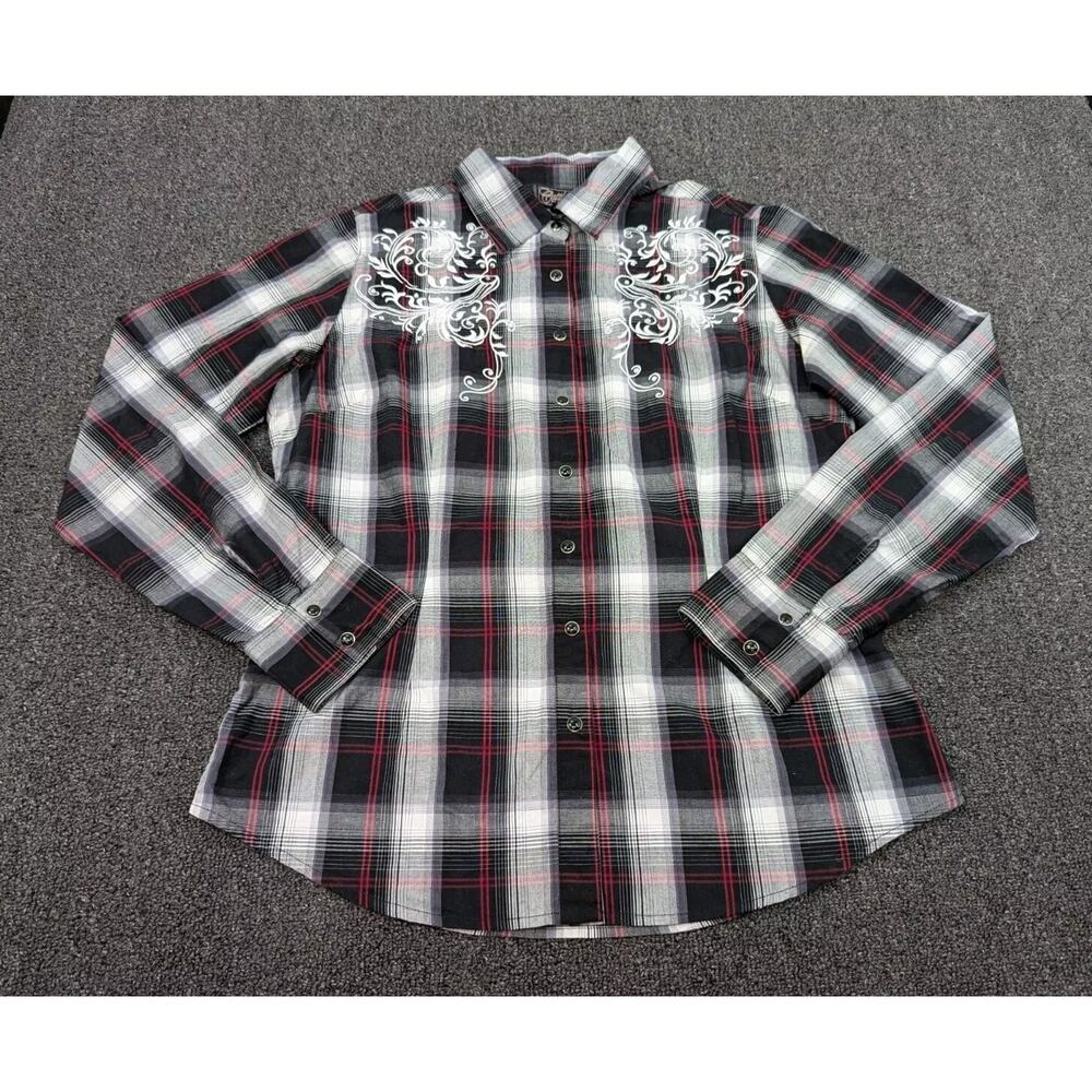 Cattlelac Ladies Red Black Plaid Embroidered Western Shirt Pearl Snaps Size L